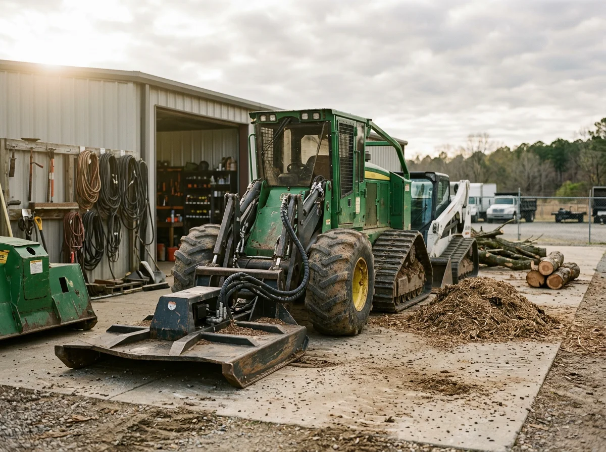 Heavy equipment and forestry mulching machinery ready for land clearing work on overgrown property sites.