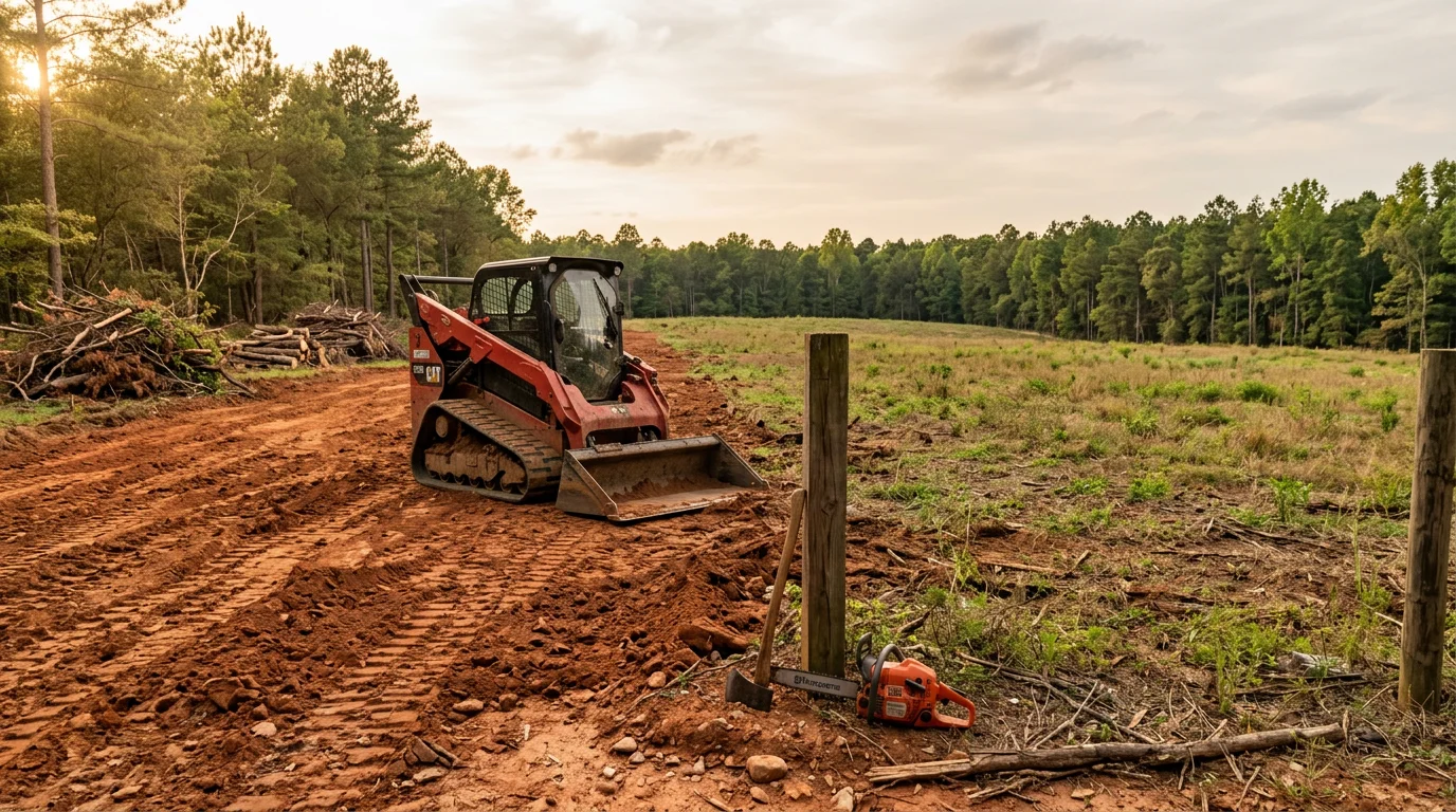 Heavy equipment clearing overgrown brush and vegetation from a residential property