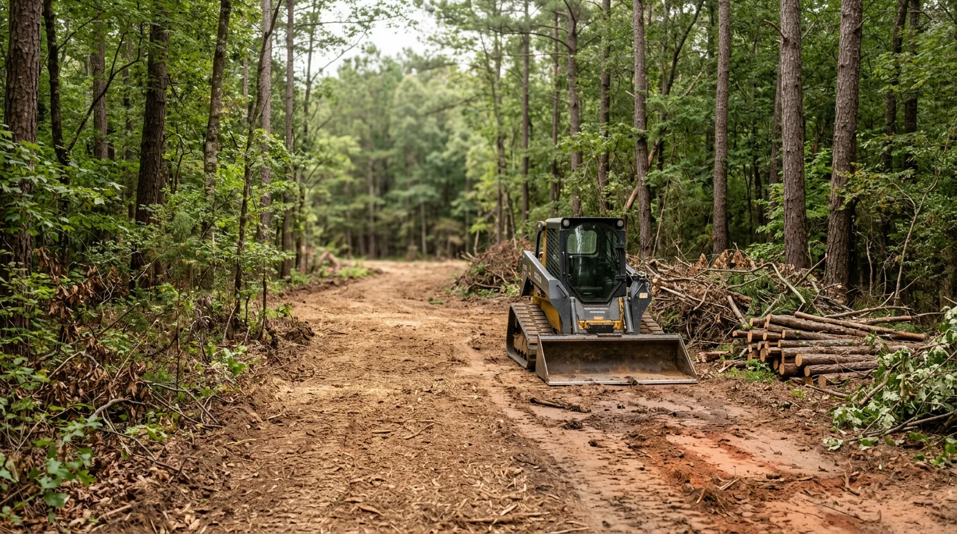 A cleared trail running through a wooded property with defined edges