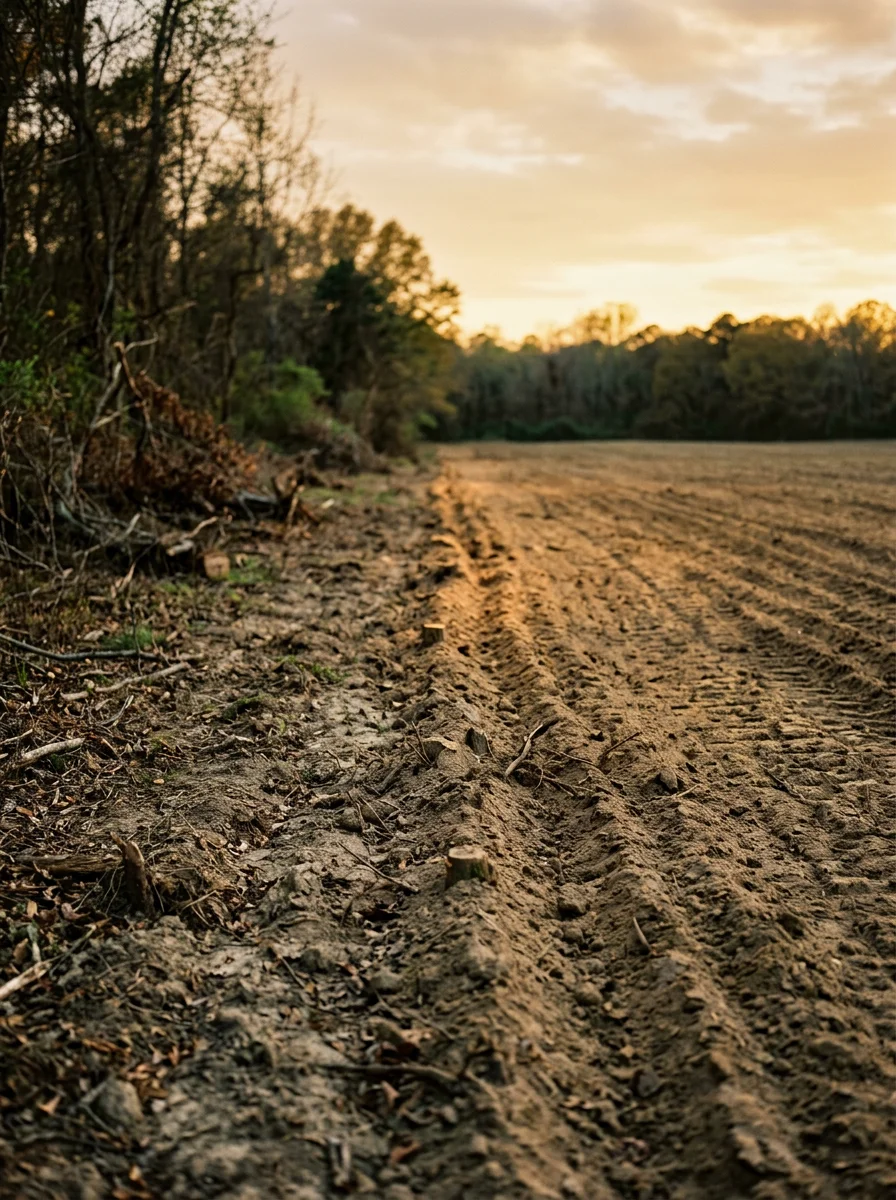 A reclaimed field edge in Edgecombe County, NC showing cleared mixed hardwood brush and scrub growth with open farm ground restored near the Tar River corridor.
