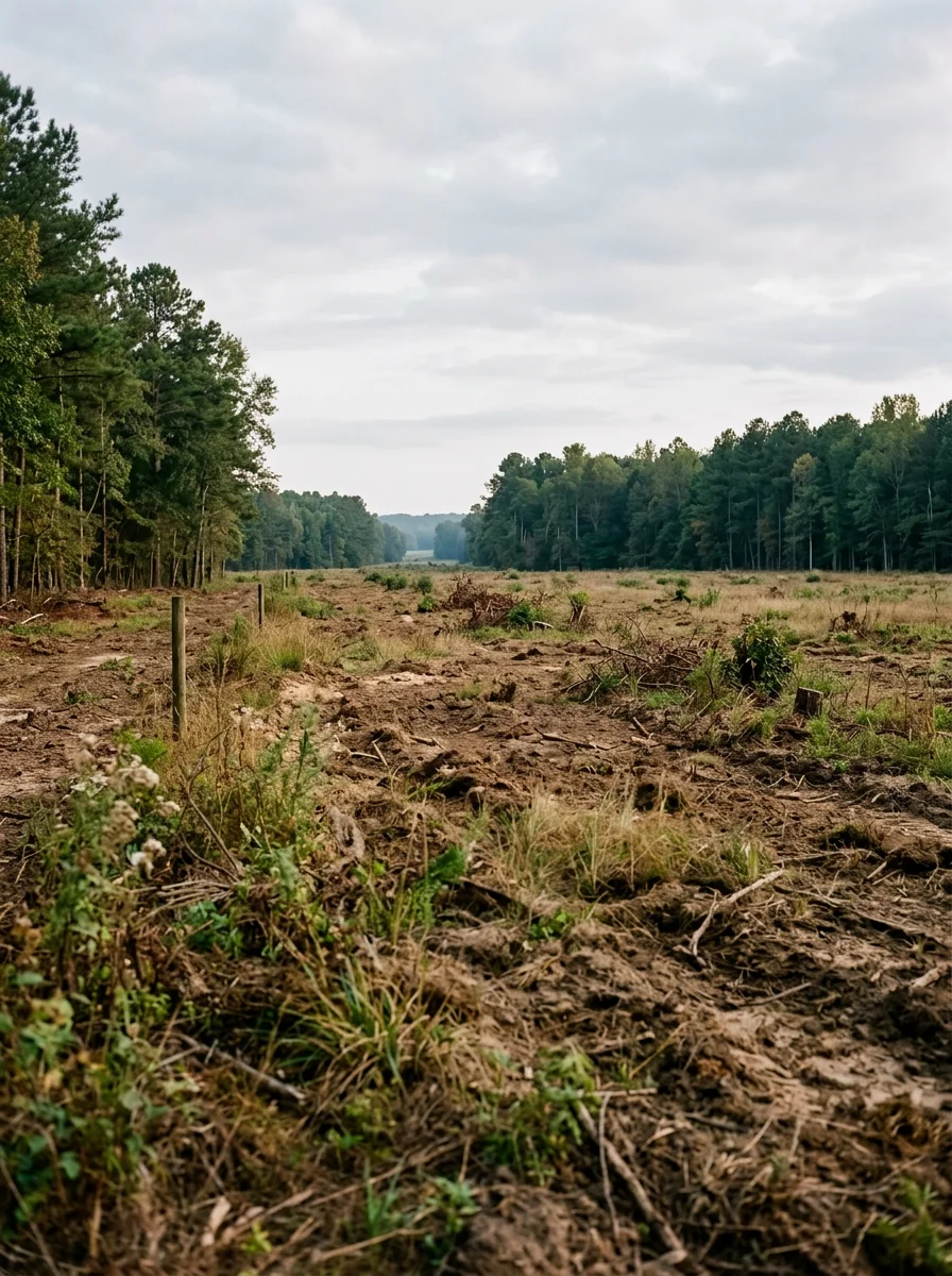 A reclaimed pasture field in Harnett County, NC showing cleared pine and hardwood encroachment with open grazing ground restored near the Cape Fear River corridor.