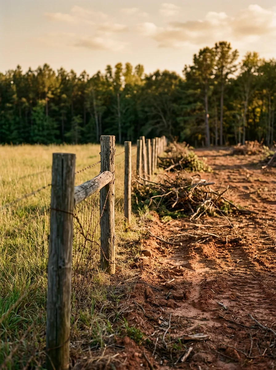 A reclaimed pasture in Johnston County, NC showing cleared cedar and privet growth with open grazing land restored along a rural fence line.