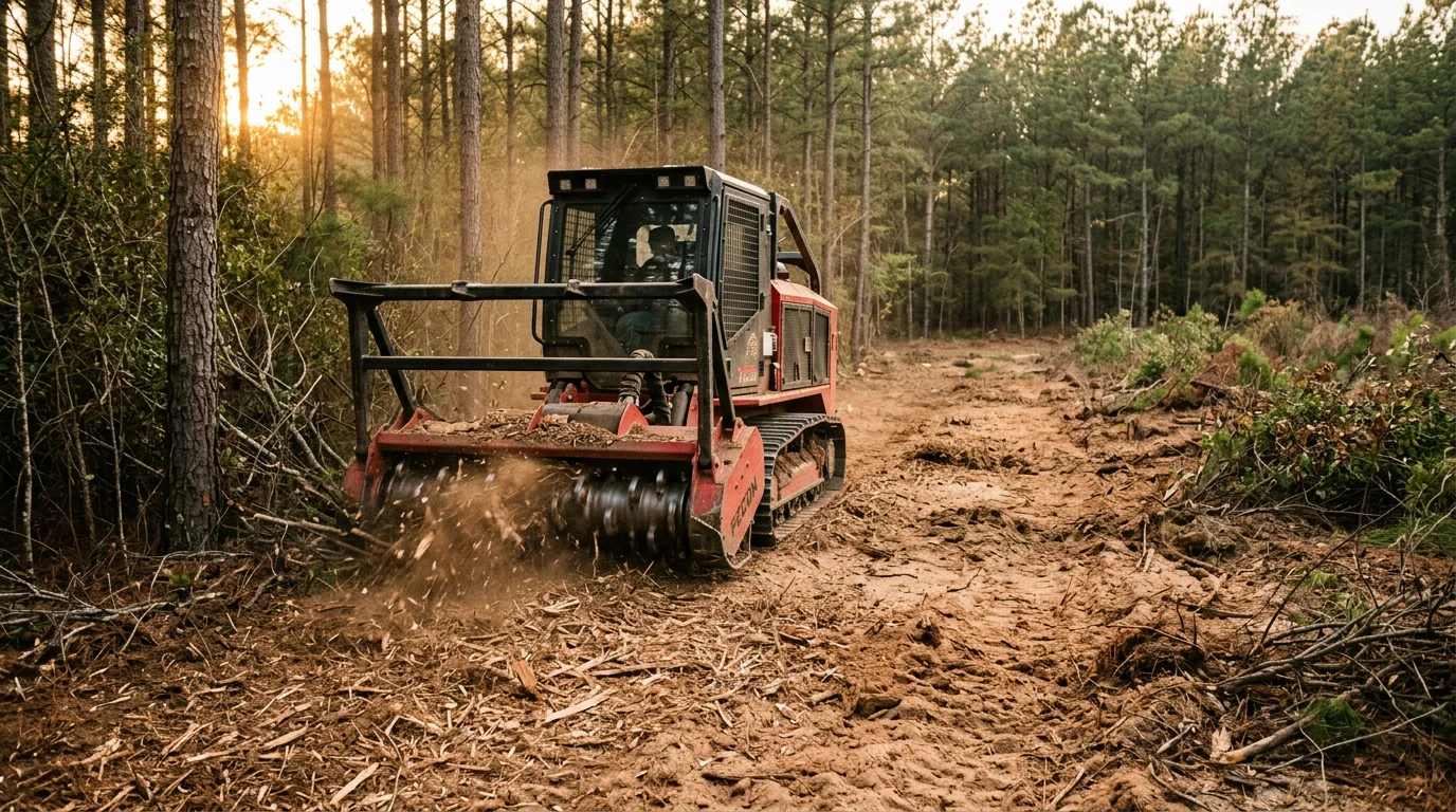 A forestry mulcher clearing dense loblolly pine and sweetgum brush on a former agricultural parcel in Johnston County, NC, with sandy loam soil visible along the cleared path.