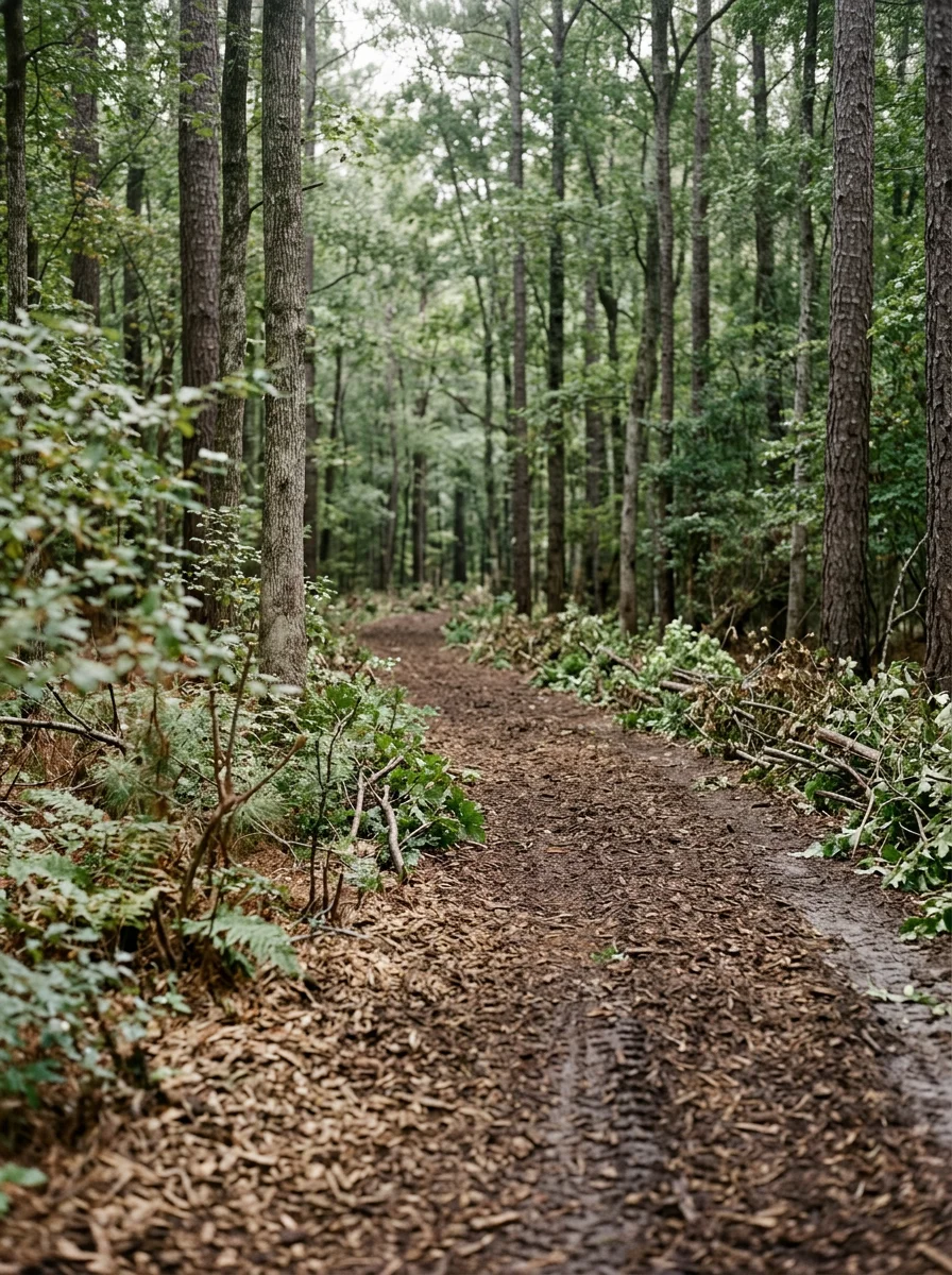 A cleared trail cut through dense wooded understory on a Pitt County, NC property near Grifton, with mulched debris along the path edges and mature timber standing on both sides.