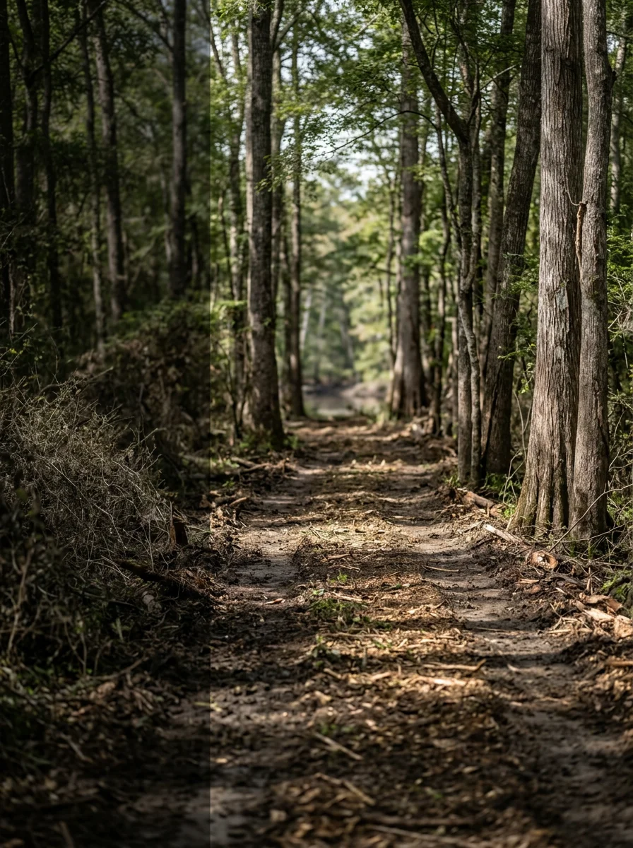 A cleared hunting trail cut through dense bottomland brush near the Black River corridor in Sampson County, NC, with mulched debris along the path and mature timber standing on both sides.