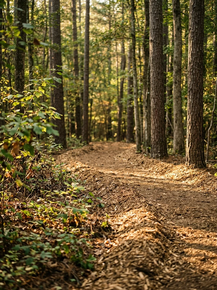 A cleared trail cut through a wooded residential lot in Wake County, NC, showing mulched debris along the path edges with mature timber left standing on both sides.