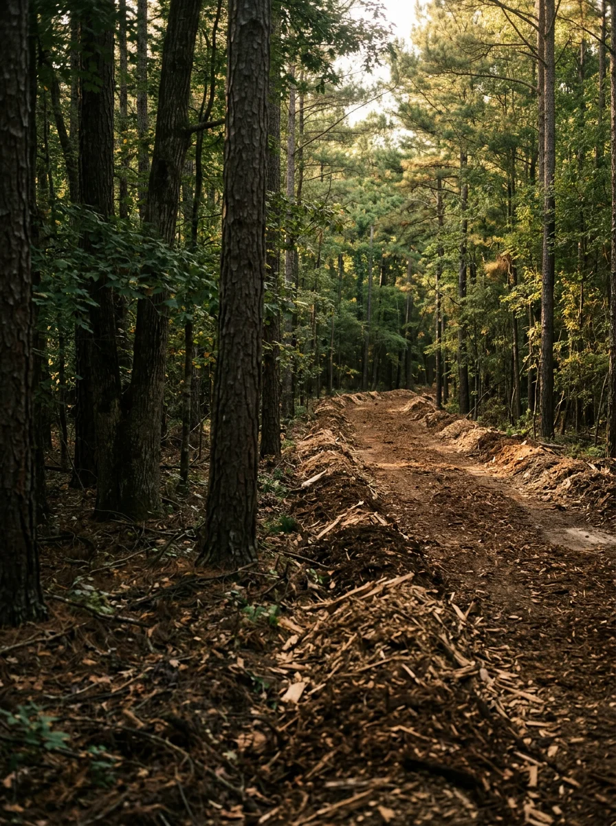 A cleared deer lane cut through a mature pine and hardwood stand on a hunting tract in Wayne County, NC, with mulched debris along the path edges.
