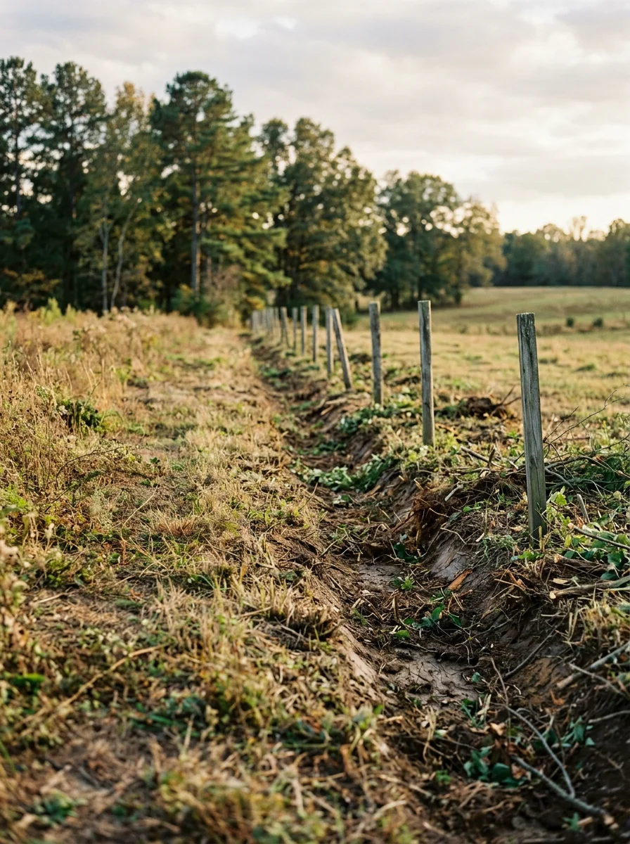 A cleared fence line on a Wilson County, NC farm property showing brush cut back from a drainage ditch with open field visible beyond.