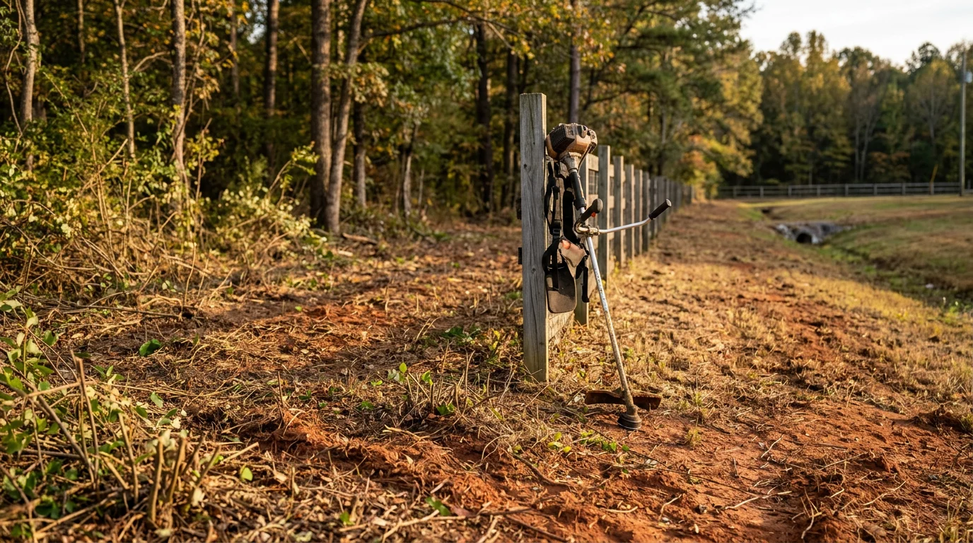 A Johnston County rural property after professional brush cutting, showing cleared fence lines and open land where dense privet, briars, and overgrown saplings have been removed. The ground surface is visible and accessible, with surrounding trees and field edges left intact.