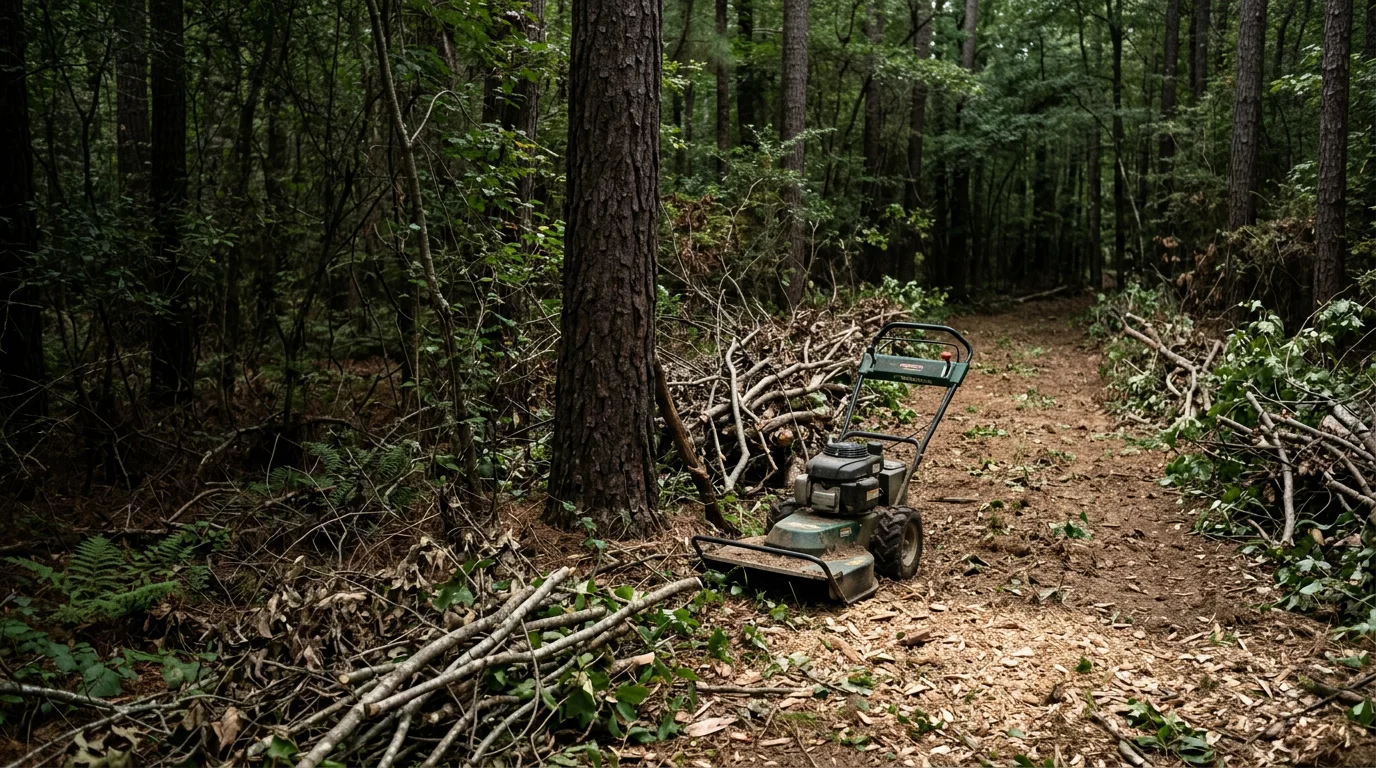 A narrow deer shooting lane cut through dense woodland on a Johnston County hunting property, with brush and saplings cleared to open a straight sightline between trees. The surrounding timber remains intact on both sides of the lane.