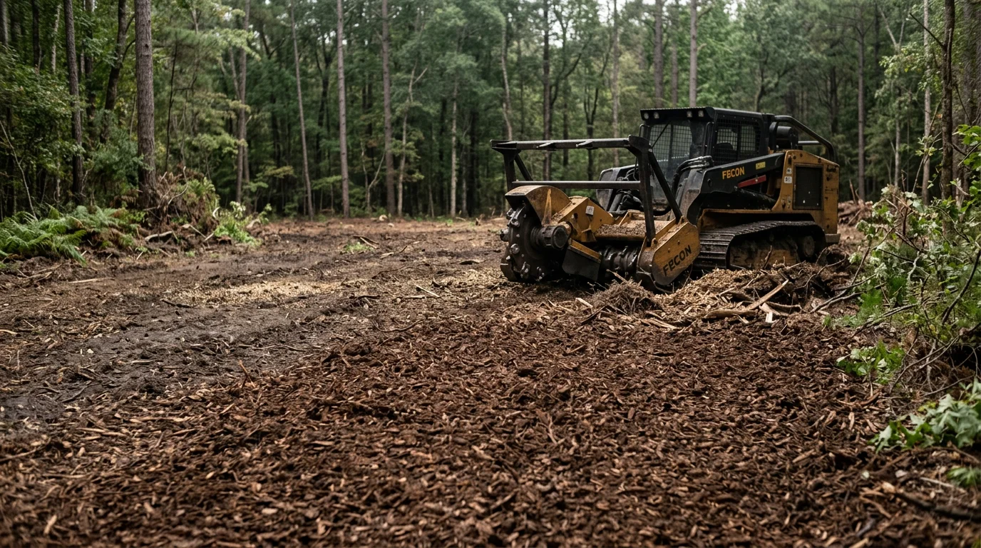 A Johnston County rural property after forestry mulching, showing cleared ground with a layer of wood chip mulch where dense brush and small trees once stood. Open land extends toward a tree line under a North Carolina sky.