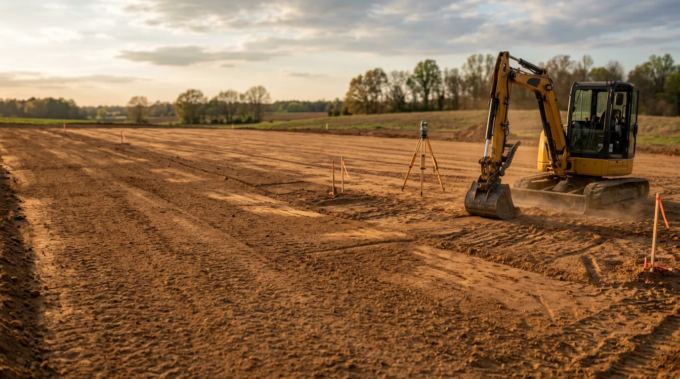 A cleared and graded rural property in Johnston County, North Carolina, with flat open ground ready for use and treelines visible at the edges of the lot. Heavy equipment tracks are visible across the prepared soil surface.