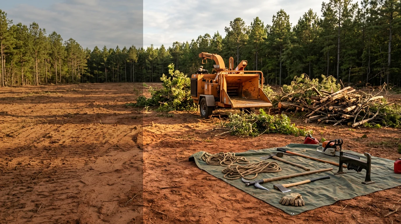 A Johnston County rural property before and after overgrown property cleanup, showing dense briars and shrub growth cleared to reveal open, usable land. Muddy Water Land Management LLC crew working to restore a neglected parcel in eastern North Carolina.