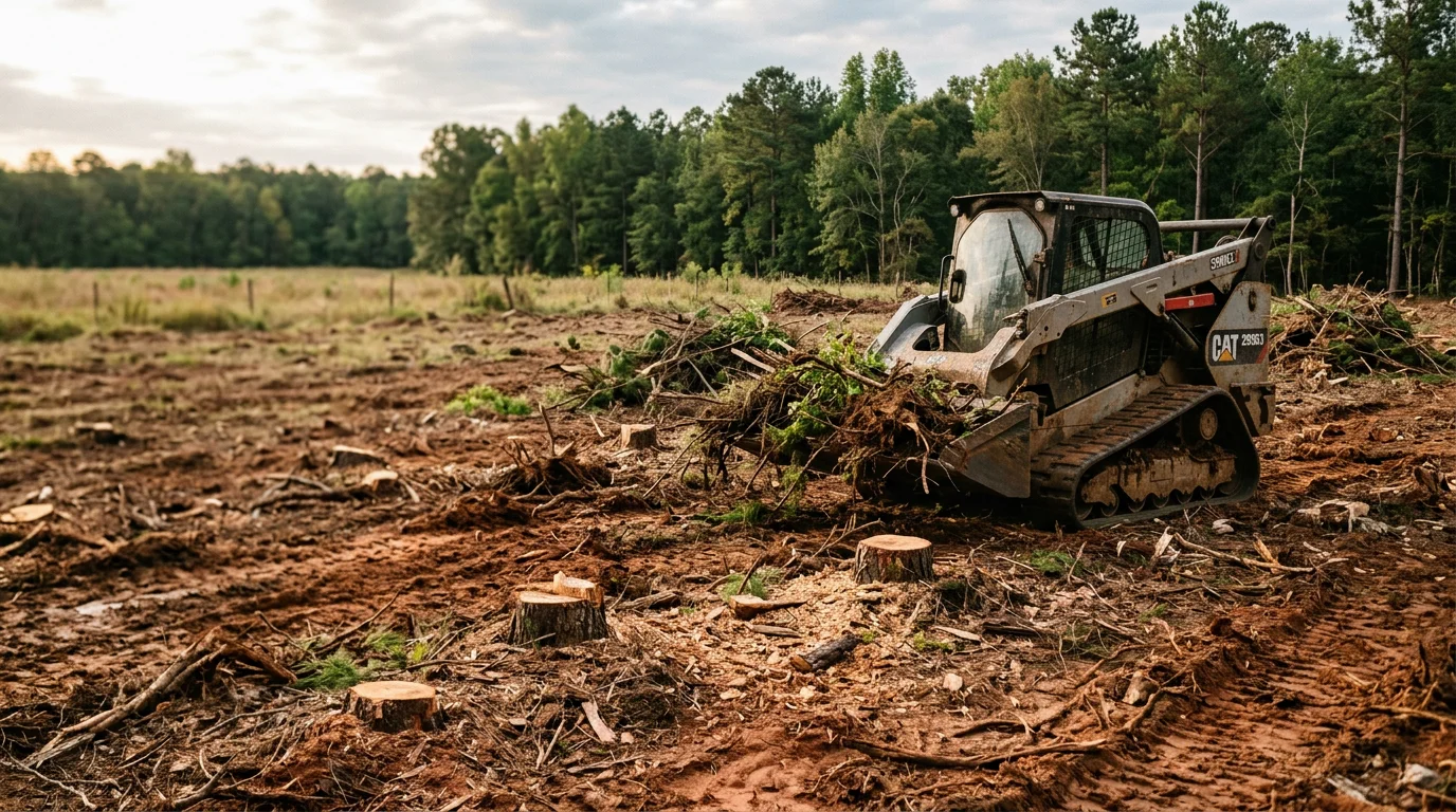 A reclaimed pasture field in Johnston County, North Carolina, with brush and invasive growth cleared away, revealing open ground ready for fencing and seeding. Land clearing equipment is visible at the field edge where dense scrub has been removed.