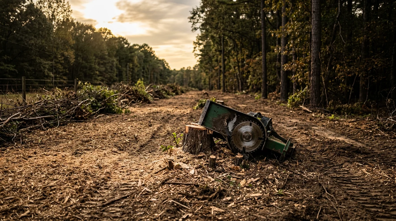 A cleared right-of-way corridor along a rural easement in Johnston County, North Carolina, with brush and overgrown vegetation removed to open vehicle access. The corridor edges are clean-cut, with surrounding trees and fence line visible on either side.