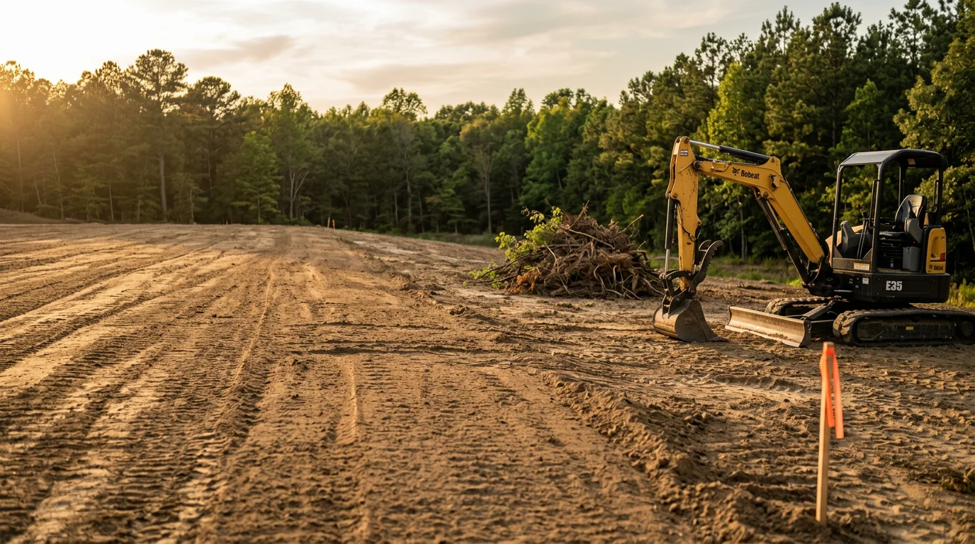 A cleared and graded parcel of land in Johnston County, North Carolina, with surface vegetation removed and soil leveled in preparation for construction. Equipment tracks are visible across the freshly worked ground, and the surrounding tree line remains intact.
