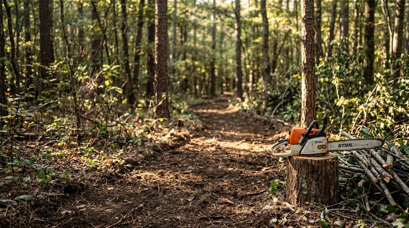 A freshly cleared woodland trail running through mixed pine and hardwood forest in Johnston County, North Carolina. Brush, briars, and low limbs have been removed to create a clean, open path through the trees.