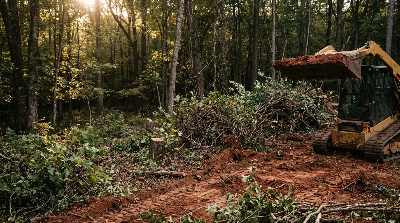 A cleared Johnston County property showing open ground after dense invasive shrubs, vines, and briars have been removed by Muddy Water Land Management LLC. The land is accessible and ready for its next use.